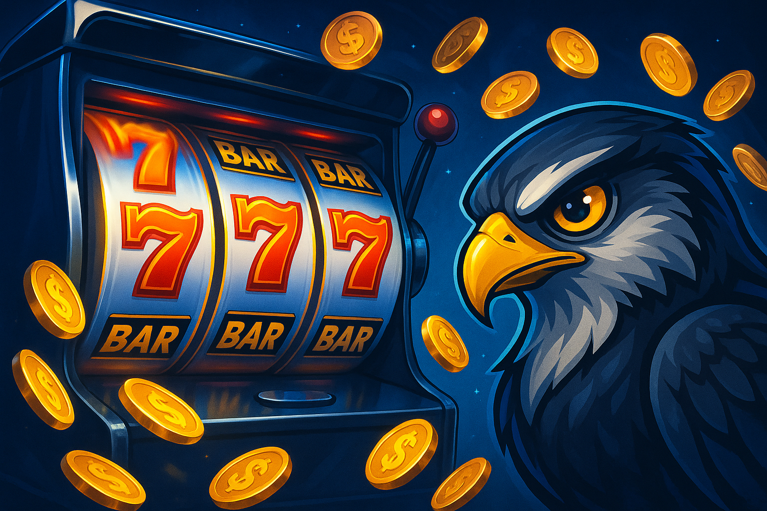 Banner de caça-níqueis mostrando rolos coloridos e símbolos de jackpot